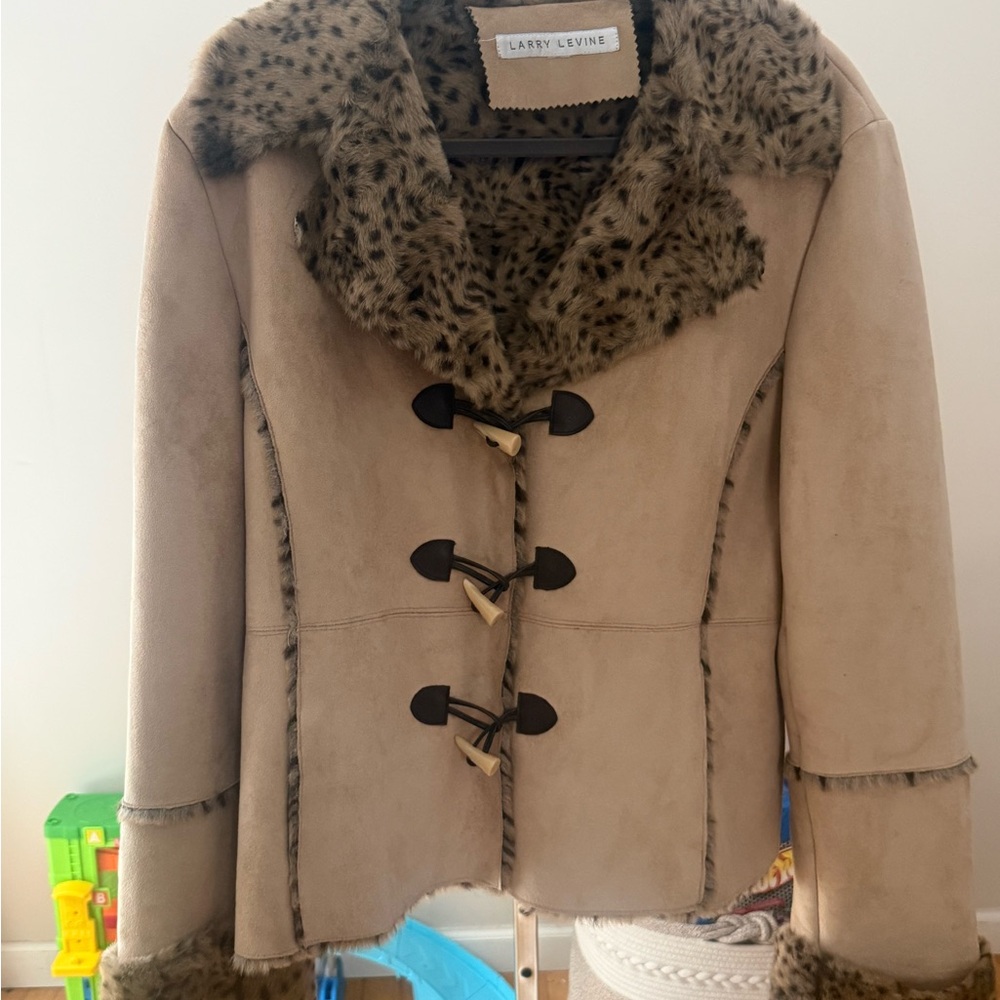 Larry Levine Beige Teddy Suede Jacket with Faux Fur Trim